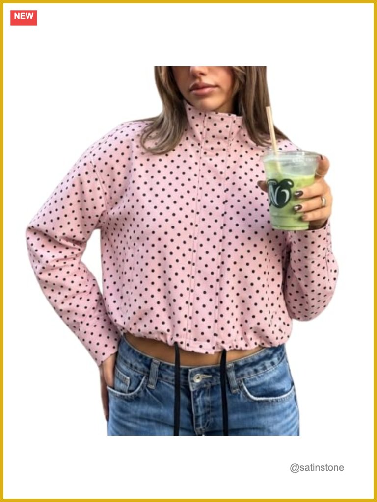Polka Dot Cropped Zip Up Jacket With Drawstring And Pockets Lightweight Casual